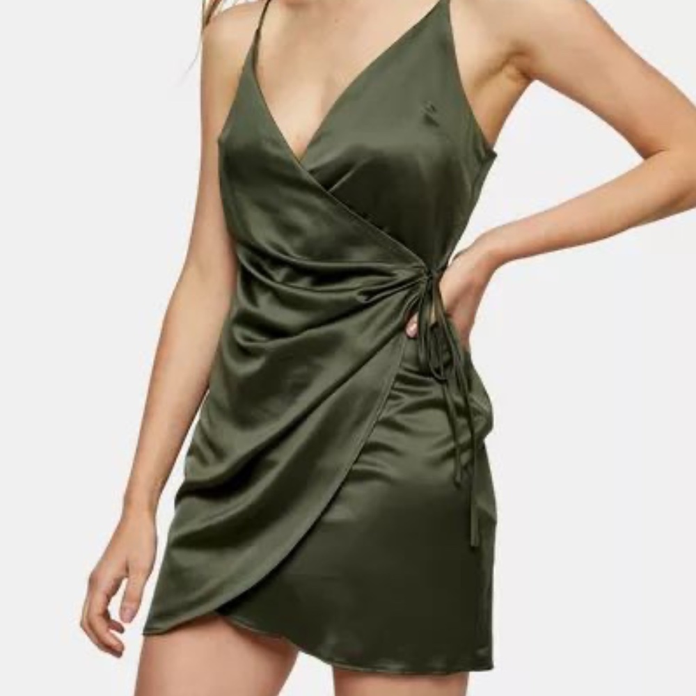 Olive Satin Wrap Slip Dress